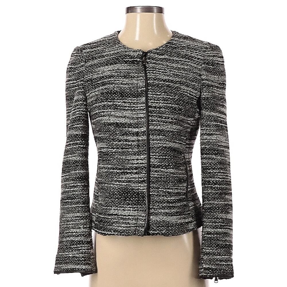 ECRU Womens Gray black metallic tweed collarliss blazer full zip jacket size 4